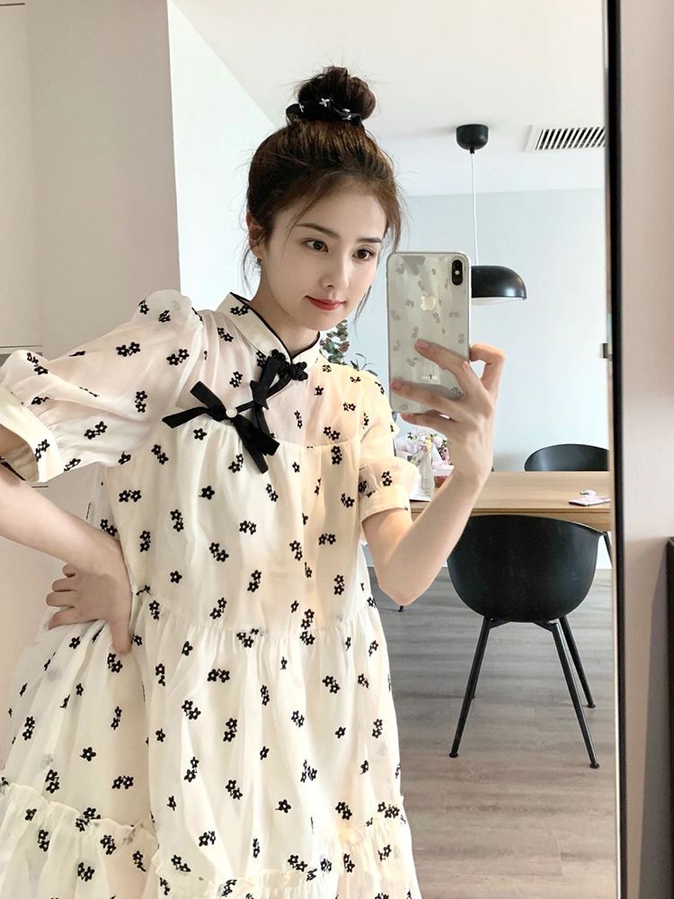 White deer same style improved version of cheongsam dress female  summer national wind skirt French doll floral skirt