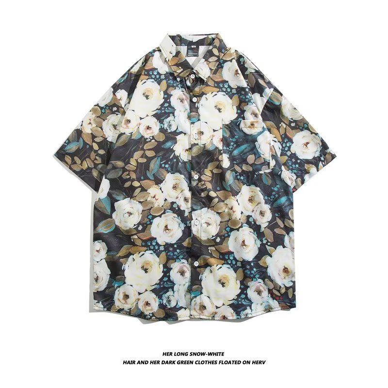 Floral short-sleeved shirt female design sense niche summer retro Hong Kong flavor Hawaii seaside wind casual bf couple outfit