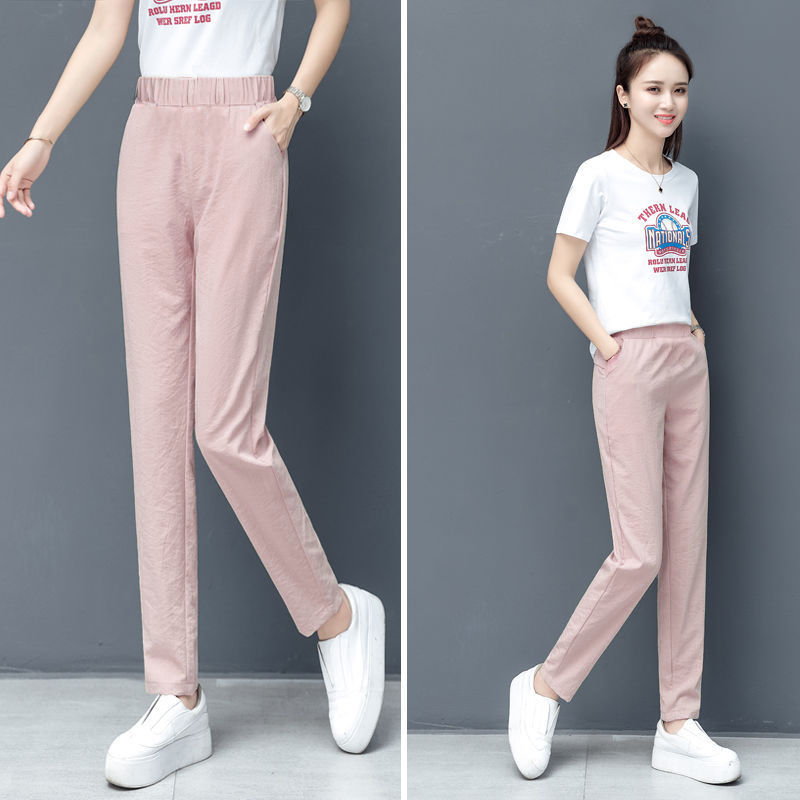2023 New Ice Silk Cotton Linen High Waist Pants Women's Summer Loose Slim Casual Pants Thin Harem Straight Pants Spring