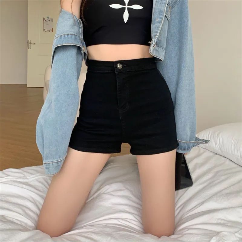 Black tight hot girl denim super shorts for women, high waist, slimming, long legs, hip-covering, A-line stretch hot pants ins trend