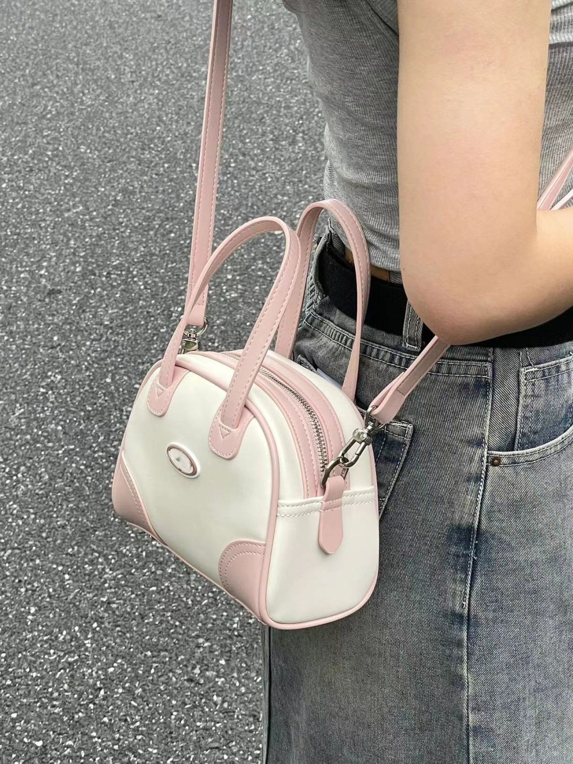 閃潮夏季波士頓包包mini保齡球包粉色 斜挎包手提休閒單肩包女