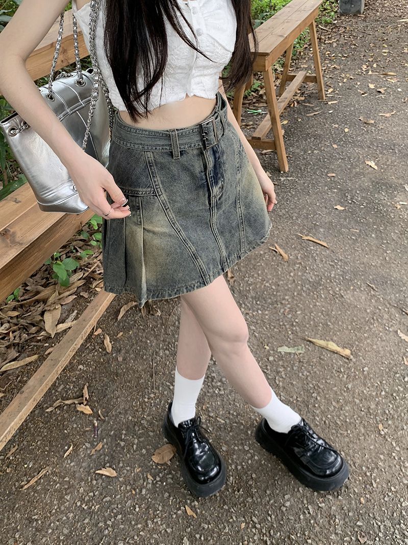 Hot Girl American Retro Distressed Denim Skirt Women's 2024 Summer New Design A-Line Pleated High Waist Skirt