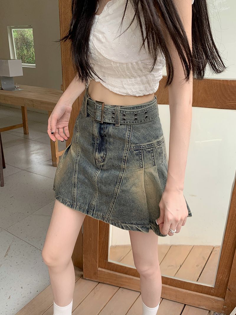 Hot Girl American Retro Distressed Denim Skirt Women's 2024 Summer New Design A-Line Pleated High Waist Skirt