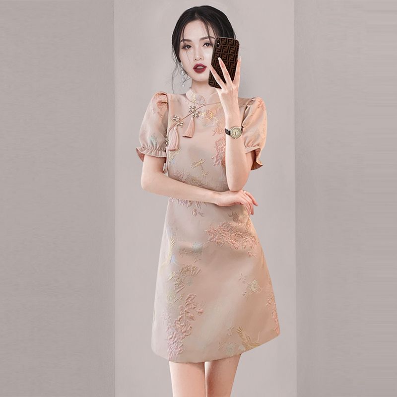 Gentle style puff sleeve slim dress  summer new women's elegant embroidered improved cheongsam dress