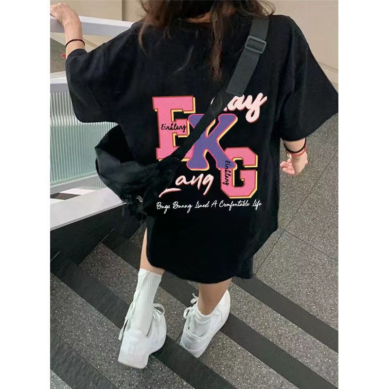 2023新款夏季100%純棉短袖t恤女寬鬆設計感小眾字母百搭上衣服潮