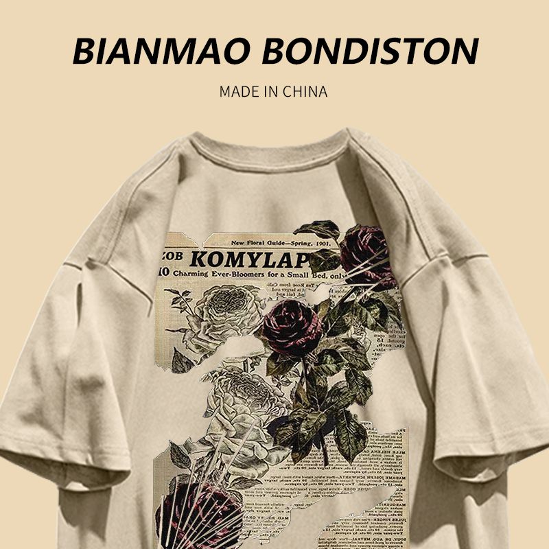 Summer new retro American tide brand couple dress rose print hiphop khaki cotton short-sleeved T-shirt ins