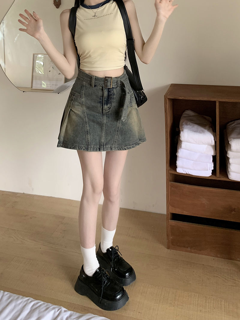 Hot Girl American Retro Distressed Denim Skirt Women's 2024 Summer New Design A-Line Pleated High Waist Skirt