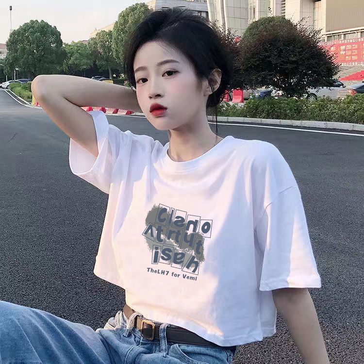 純棉辣妹白色短袖t恤女夏純欲風設計感小眾寬鬆露臍短款上衣ins潮