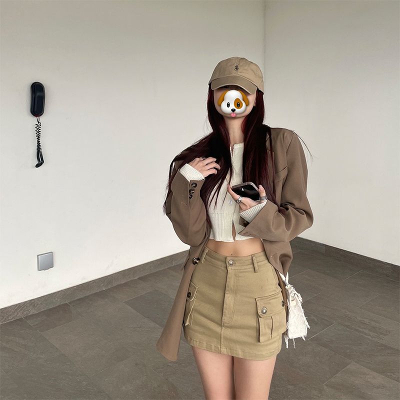 Tooling pocket design skirt women's culottes 2023 spring and summer new sweet and spicy a-line skirt khaki hip skirt