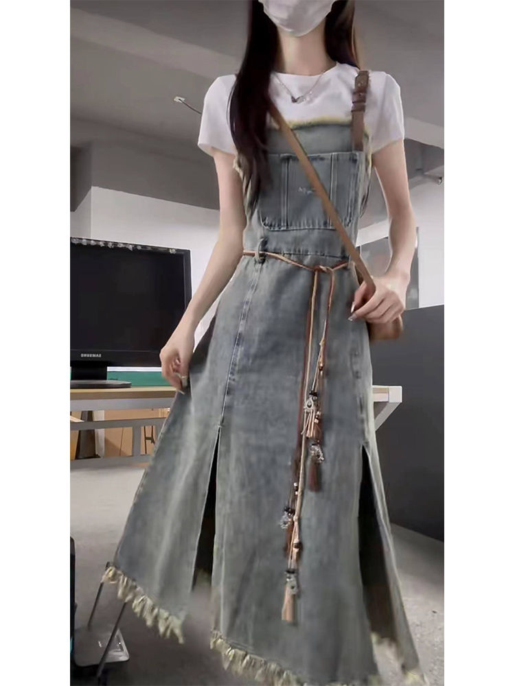 單件/套裝學院風復古減齡顯瘦刺繡牛仔背帶裙女學生+短袖圓領T恤