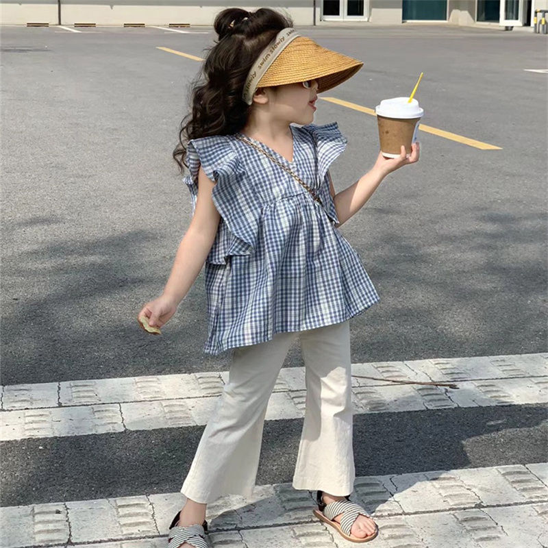 Girls two-piece suit summer new little girl fashionable children's clothing plaid flying sleeve top thin flared nine-point pants