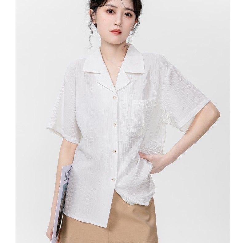 Grigio French design niche suit collar short-sleeved white shirt for women new Korean style chic top