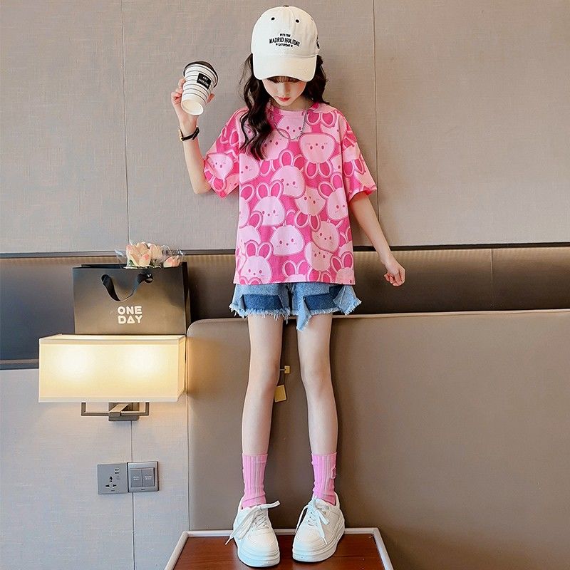 Zibo girls short-sleeved t-shirt summer new children's foreign style top fashionable girl summer thin section loose half-sleeve t