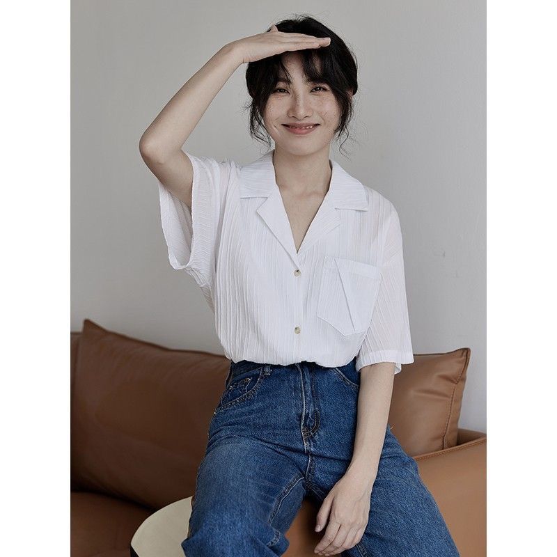 Grigio white suit collar short-sleeved shirt women's design niche summer Korean style loose and versatile shirt trend