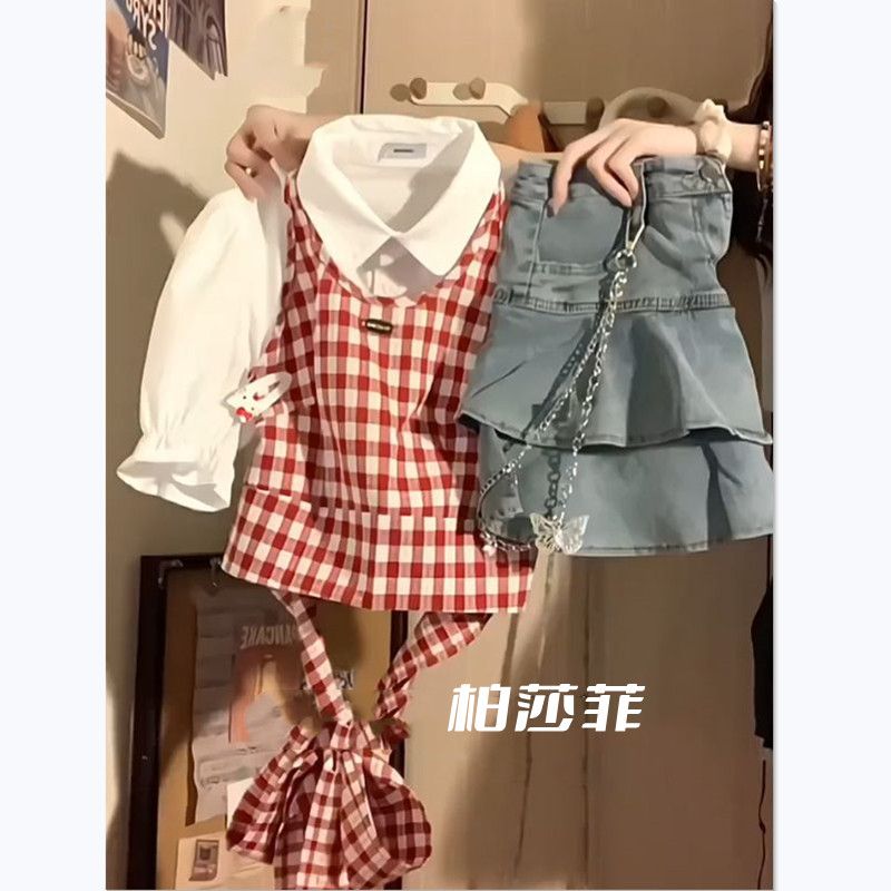 學院風辣妹三件套裝女夏季新款短袖襯衫蝴蝶結吊帶背心牛仔半身裙