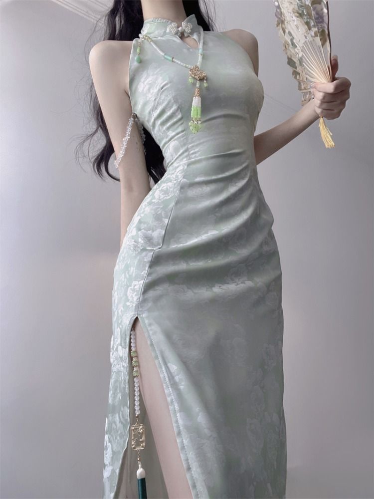 新中式国风改良旗袍连衣裙子女夏季小个子长款印花挂脖露肩连衣裙