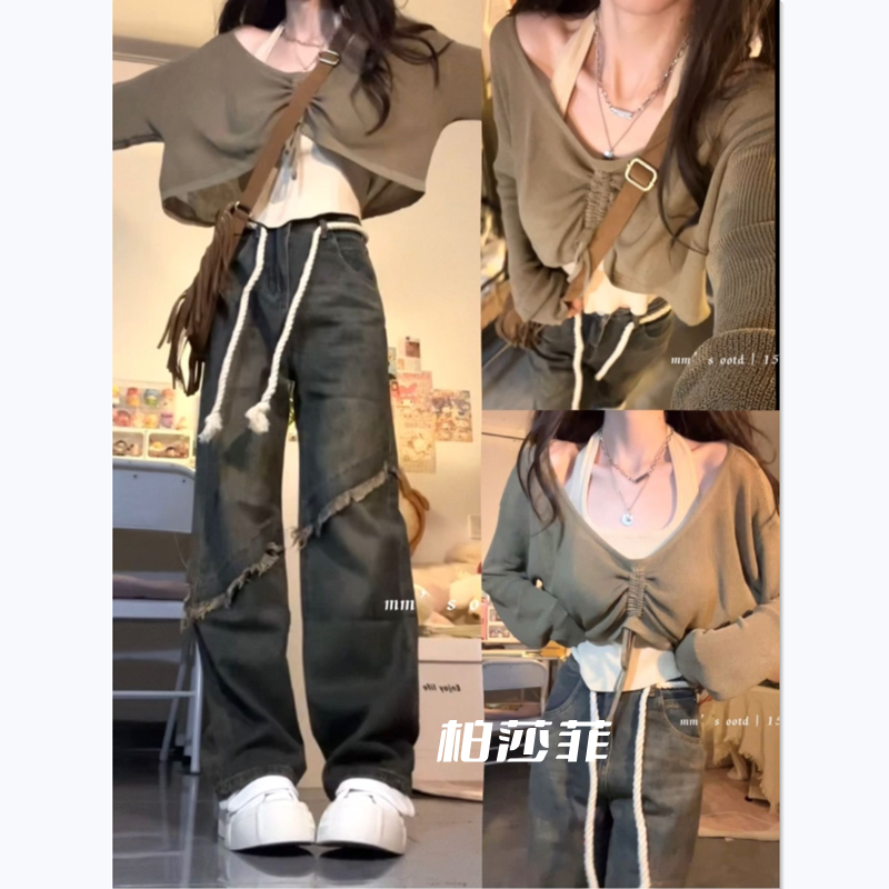 夏季溫柔系穿搭女2023新款韓版時尚辣妹掛脖吊帶上衣牛仔褲三件套