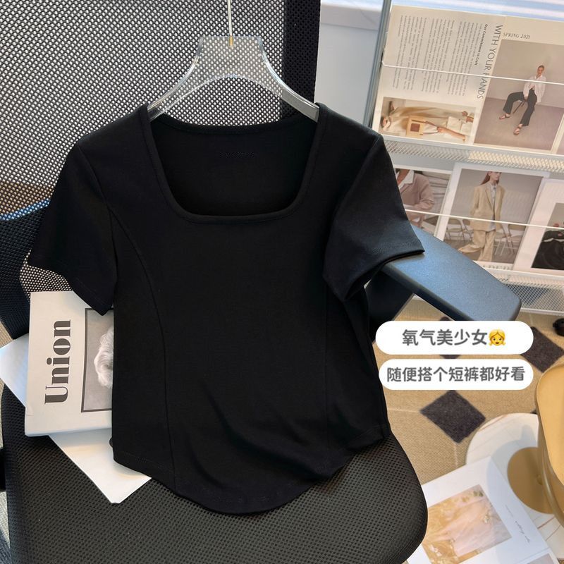 2023 super popular style fishbone short-sleeved French t-shirt women's summer shoulder short style with pure desire babes foreign style ins style