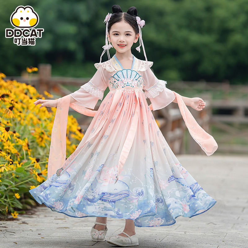 叮噹貓漢服女童夏裝古裝裙子中國風唐裝兒童裝古風連衣裙夏季超仙