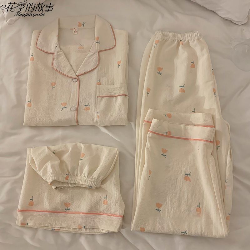 花季的故事睡衣女夏季短袖三件套薄款韓版ins風小花可外穿家居服