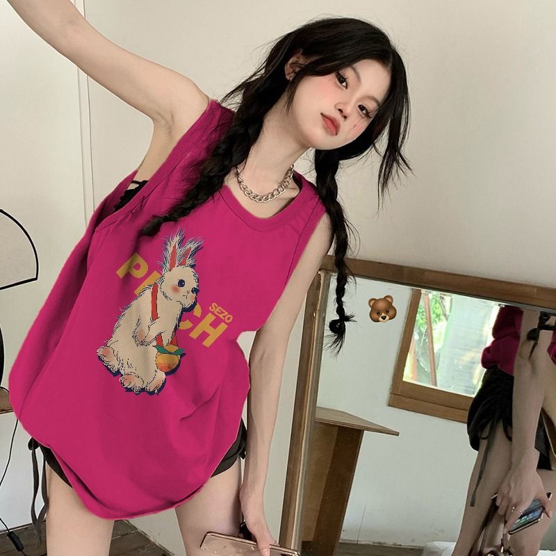 【純棉小背心】火龍果色坎肩兔子無袖T恤女夏甜辣設計感小眾上衣
