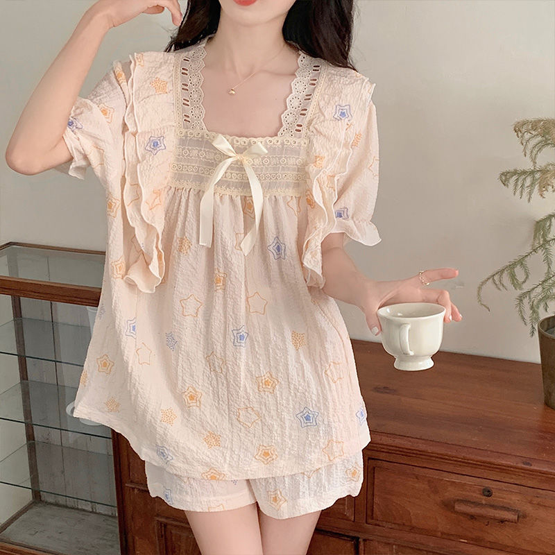 Pajamas women's summer short-sleeved shorts bubble cotton sweet and cute princess style ins wind thin suit home service