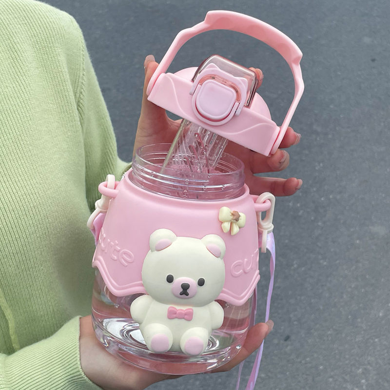 夏季大容量水杯高颜值小熊带吸管大肚杯子女生塑料可爱耐高温透明