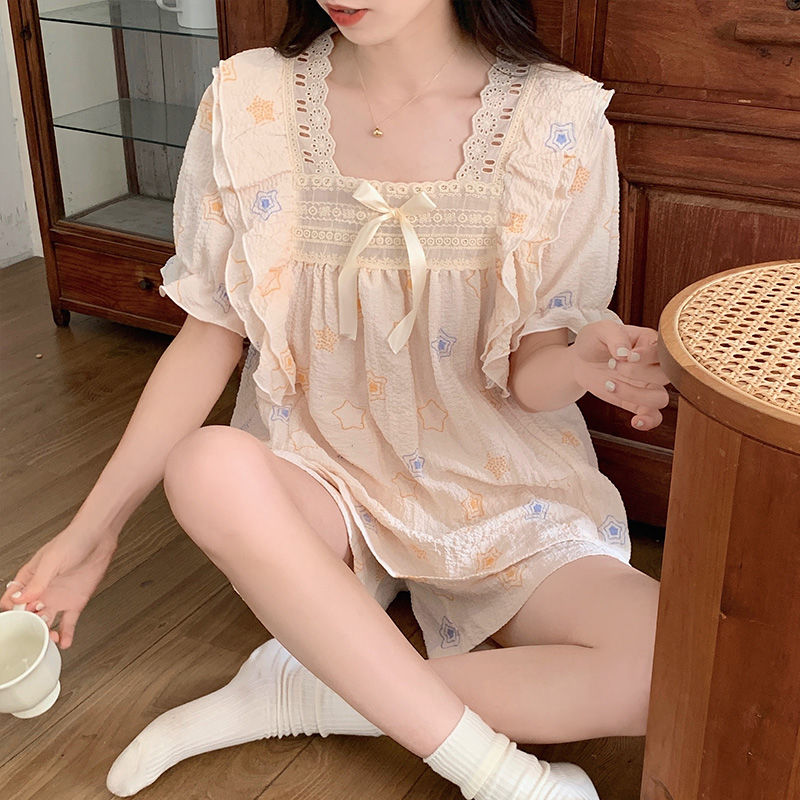 Pajamas women's summer short-sleeved shorts bubble cotton sweet and cute princess style ins wind thin suit home service