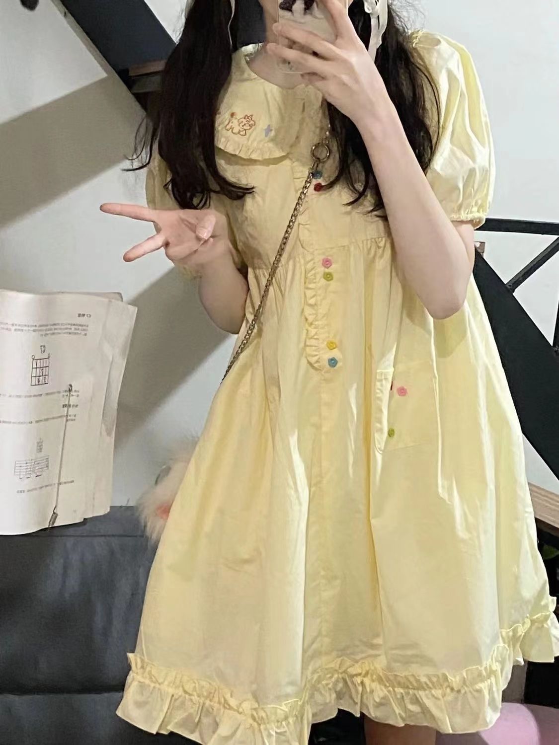 日系可愛甜妹娃娃領奶黃色連衣裙女學生夏季遮肉顯瘦中長款a字裙