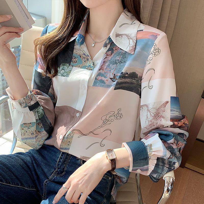 2023春秋裝新款復古港味撞色洋氣長袖雪紡襯衫女設計感小眾花襯衣
