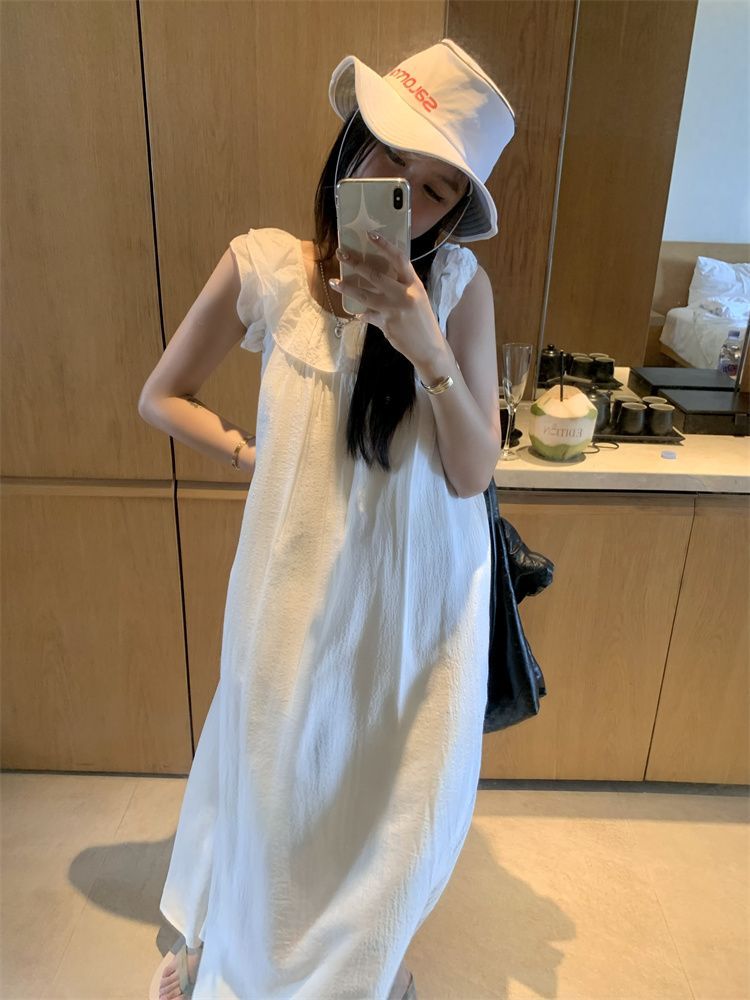 Holiday style white strappy flying sleeve dress women's summer  new temperament loose slim mid-length skirt