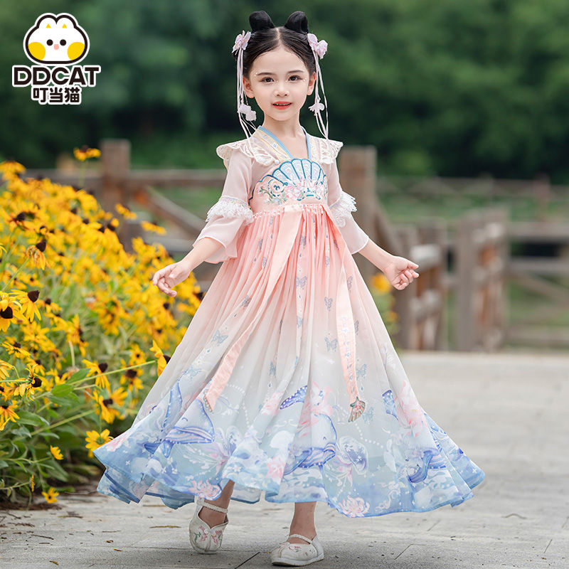 叮噹貓漢服女童古裝裙子夏季童裝女中國風唐裝連衣裙兒童古風超仙