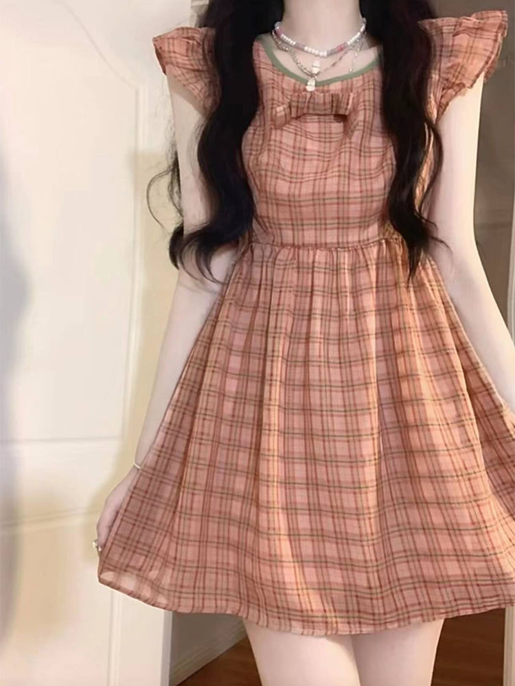 甜妹小個子可愛蝴蝶結復古格子飛飛袖連衣裙夏日女學生初戀娃娃裙