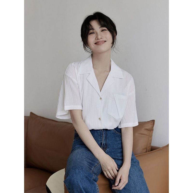 Grigio white suit collar short-sleeved shirt women's design niche summer Korean style loose and versatile shirt trend
