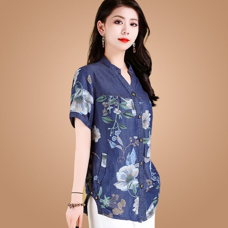 貴夫人夏季上衣女短袖襯衫2023新款爆款洋氣媽媽普寧天絲牛仔小衫