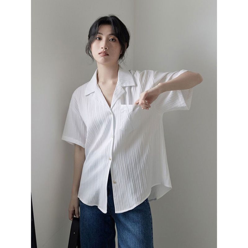 Grigio white suit collar short-sleeved shirt women's design niche summer Korean style loose and versatile shirt trend