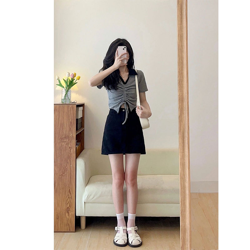 大碼正肩POLO領短袖t恤女夏季款胖mm不規則露臍辣妹抽繩短款上衣