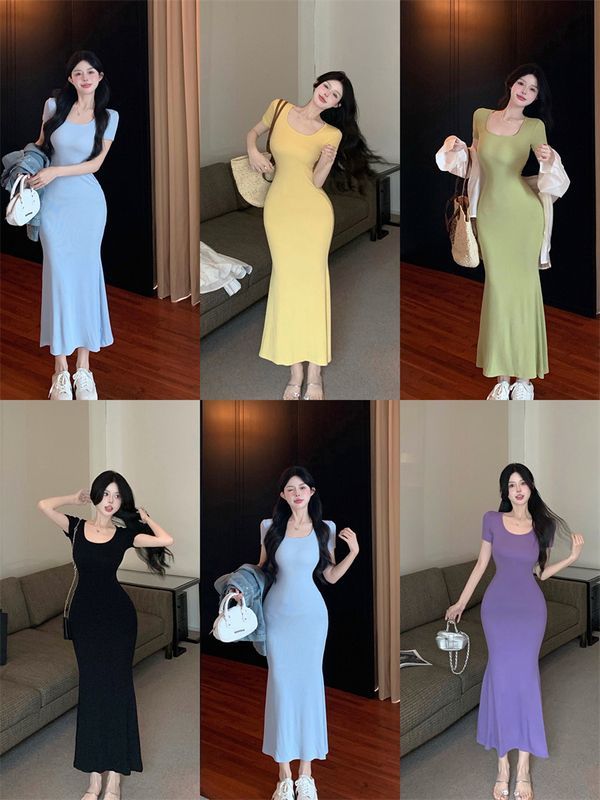 藍色辣妹T恤連衣裙女夏季短袖修身中長裙純欲風收腰氣質包臀裙子