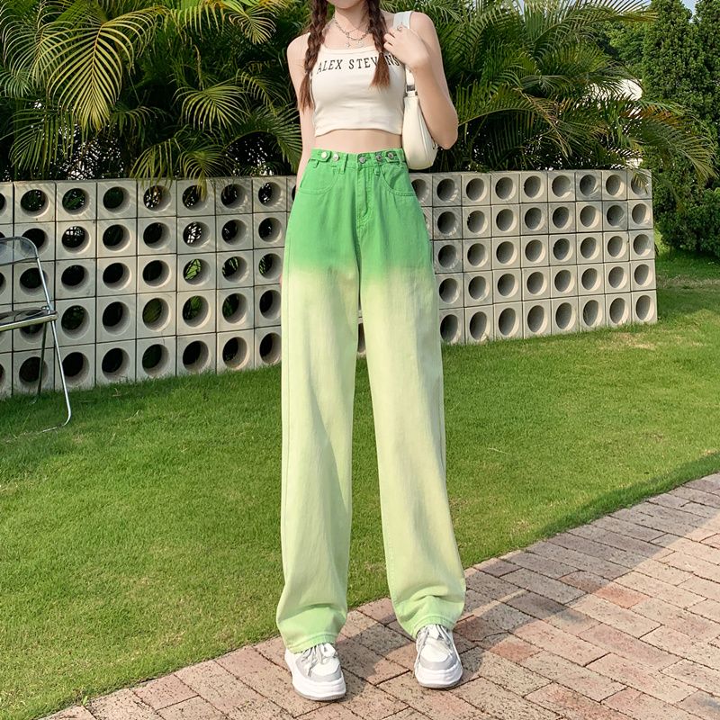 綠色漸變闊腿牛仔褲女春夏2023新款美式高腰寬鬆顯瘦垂感直筒褲子