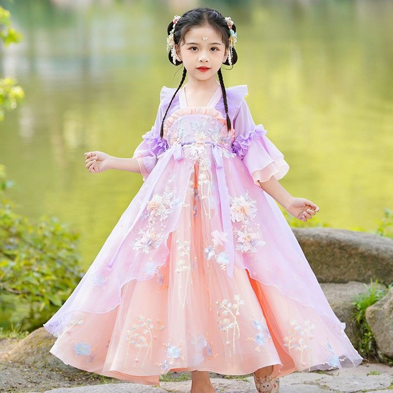漢服女童夏季古裝2023新款兒童超仙連衣裙小女孩唐裝裙子夏款短袖