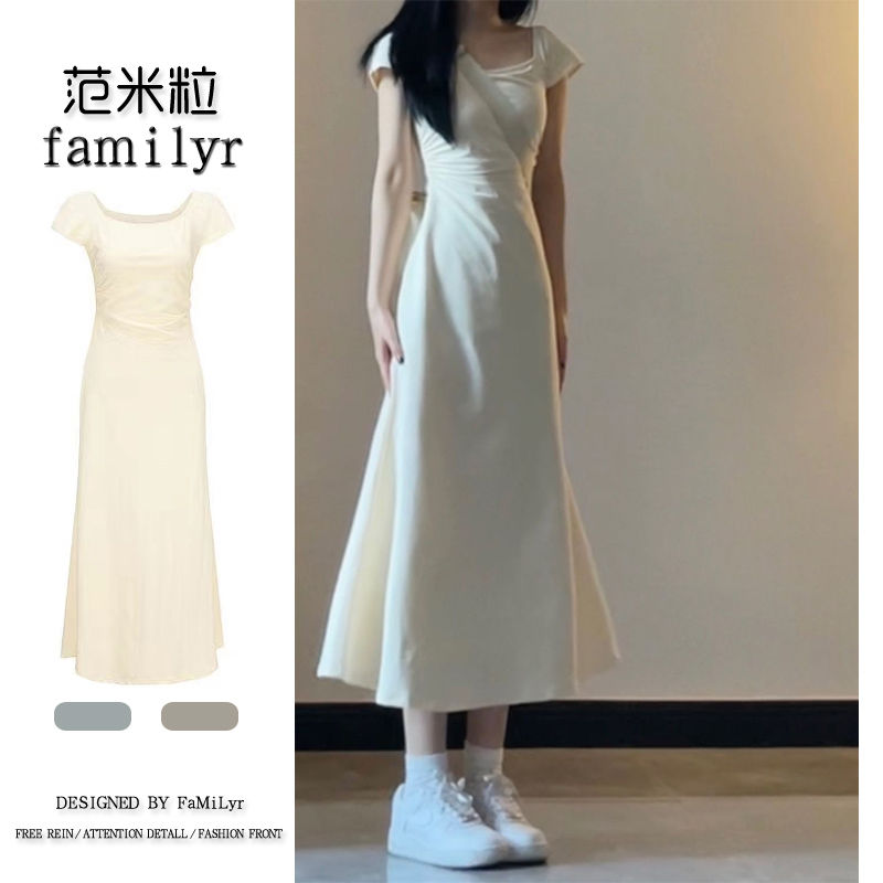 Gentle wind French short-sleeved dress women's summer new sweet and foreign style all-match pure desire bag hip waist waist long skirt
