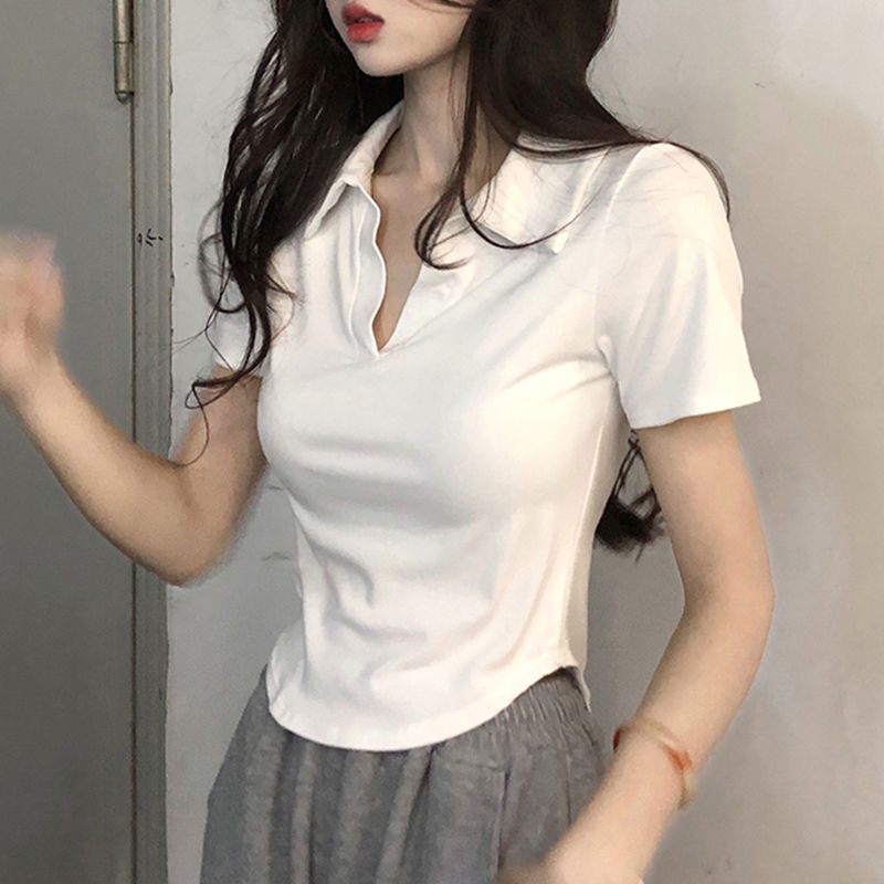 polo領白色短袖t恤女裝夏季法式小眾獨特别致正肩短款絕美小上衣