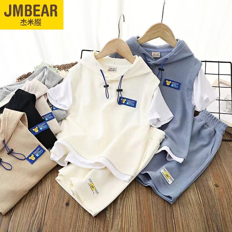 Boys summer suit handsome and fashionable fake two-piece waffle medium hooded children's short-sleeved T-shirt shorts