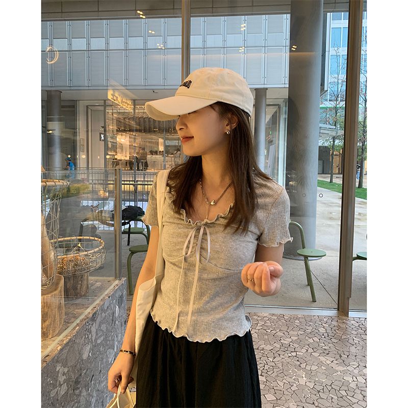 2023 summer new large size Korean style slim V-neck lace T-shirt women's drawstring fat mm niche half-sleeved top