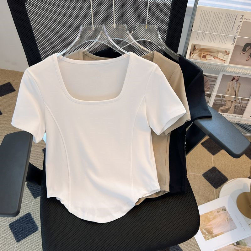 Chic Korean style square collar front shoulder thin t-shirt women's top summer irregular fishbone all-match bottoming high waist short sleeves