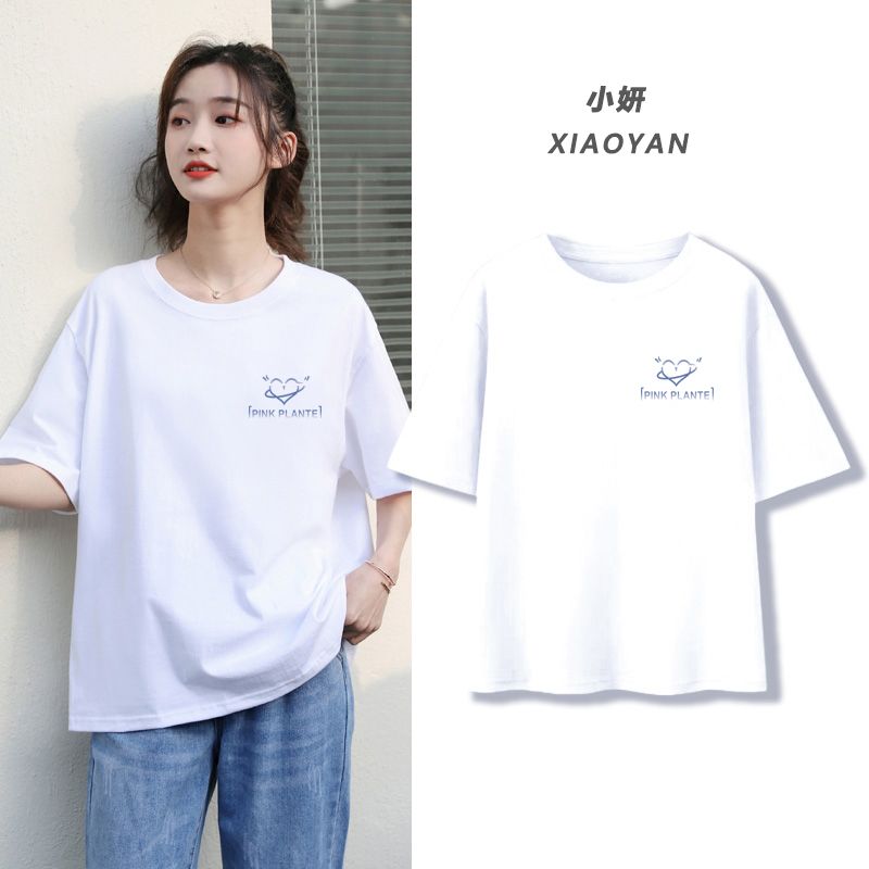 White cotton short-sleeved t-shirt women 2023 new summer loose round neck printed foreign style half-sleeved round neck top tide
