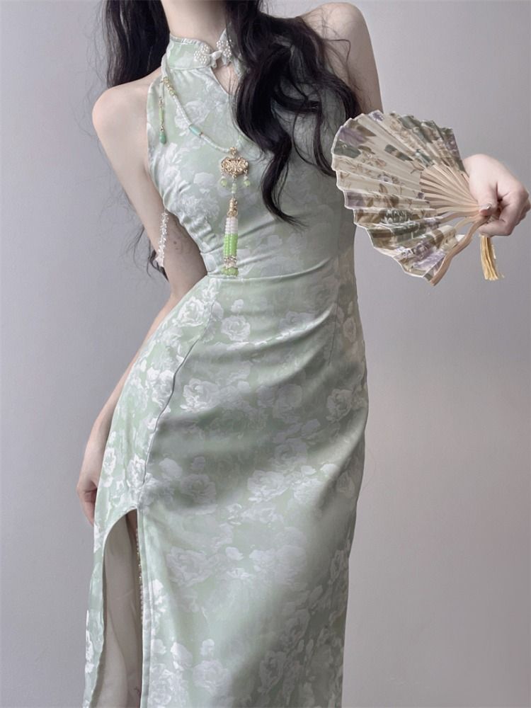 新中式国风改良旗袍连衣裙子女夏季小个子长款印花挂脖露肩连衣裙