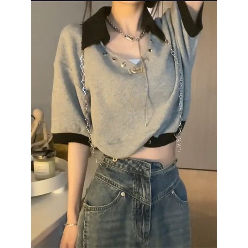 辣妹鏈條polo領設計感小眾短袖t恤女大碼胖mm灰色v領美式上衣夏