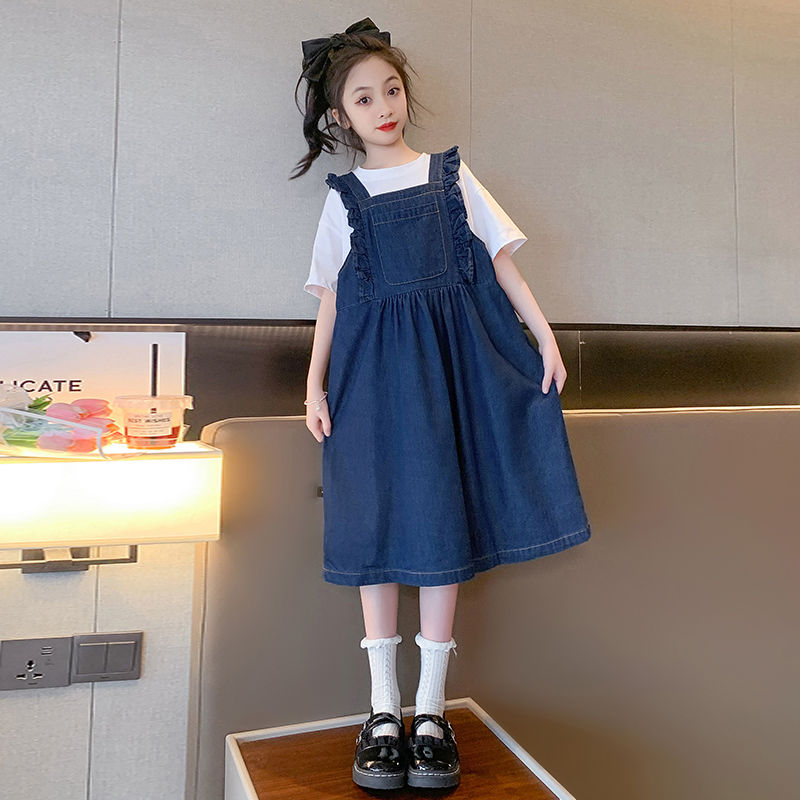 女童牛仔背帶裙套裝2023夏季新款中大童韓版洋氣連衣裙兒童兩件套