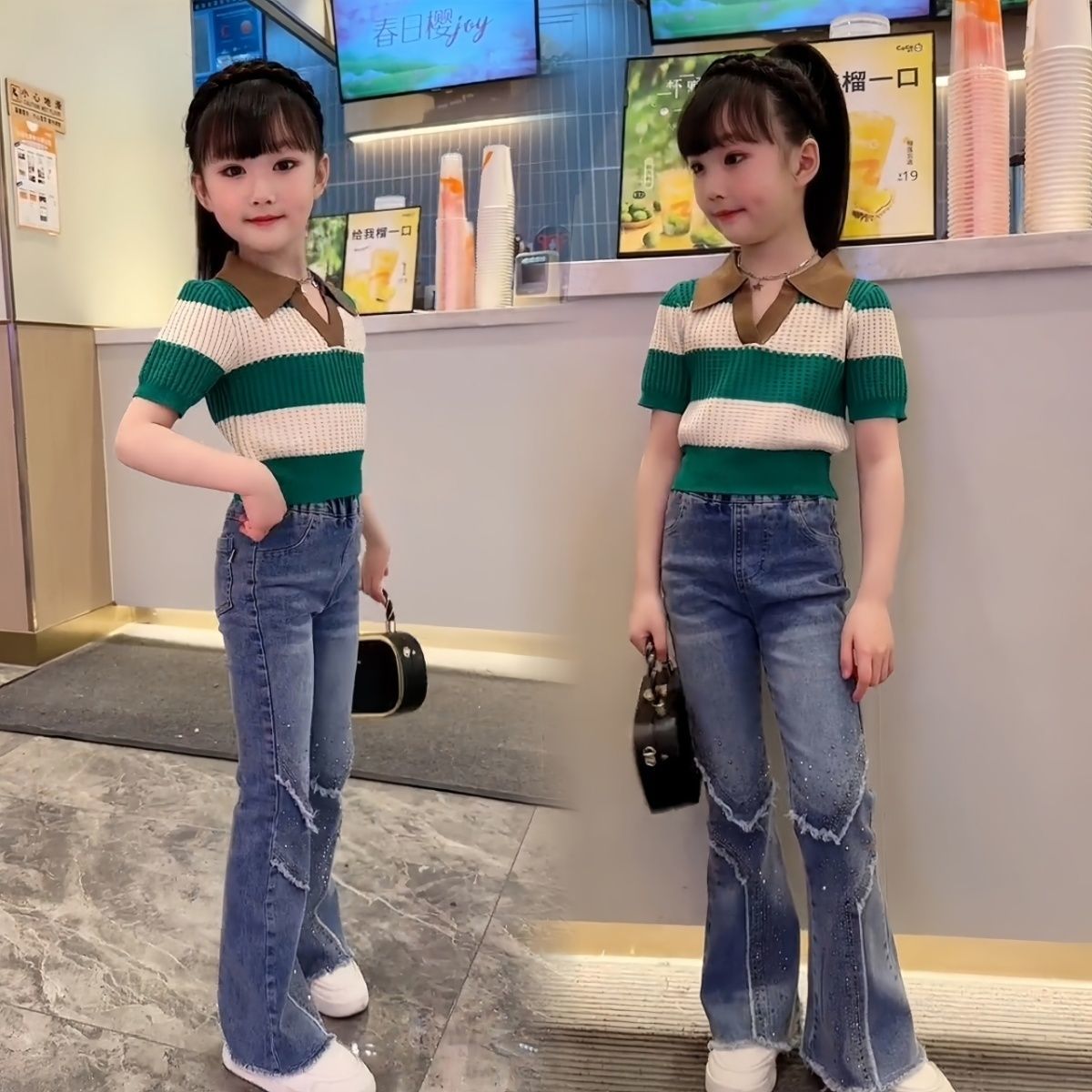 女童夏季短袖套装韩版时髦条纹polo衫中大童洋气牛仔喇叭裤两件套